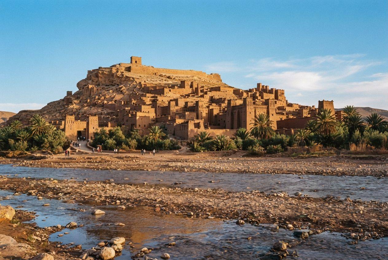 Earth-built houses of the Aït Ben Haddou ksar climbing a hill above a river, with the granary at the top