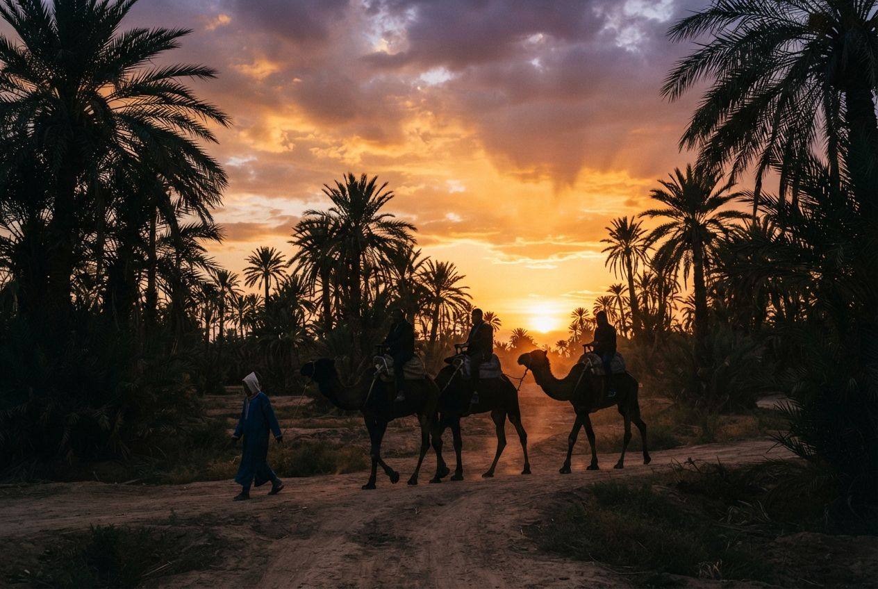 Three camels with riders led by a handler along a dirt track through palm trees at sunset