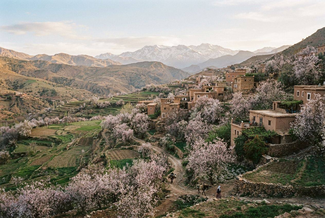A road winding through the High Atlas foothills south of Marrakech, with villages on the slopes