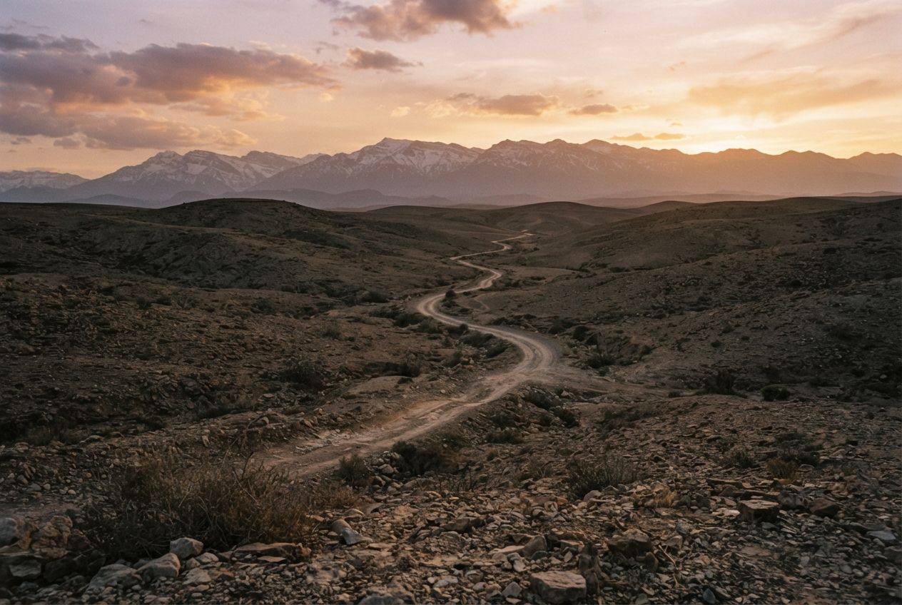 A dirt track winding through stony hills towards snow-capped mountains at sunset