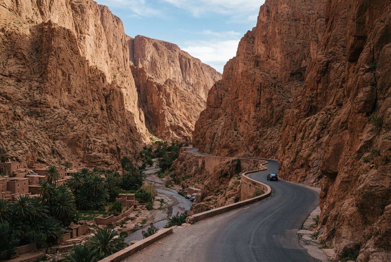 A road running between the red cliffs of the Todra gorge, with palm trees and houses on one side