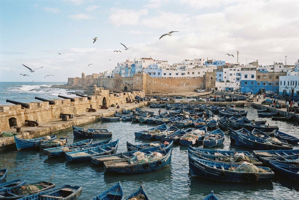 Blue fishing boats moored in Essaouira harbour, with the old sea ramparts behind