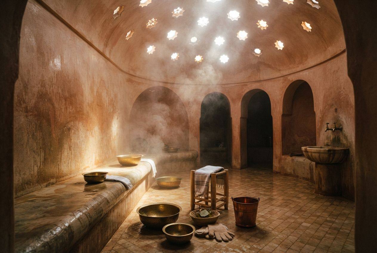 A domed hammam steam room with star-shaped skylights, a heated stone bench, brass bowls, a copper bucket and a kessa glove on the tiled floor