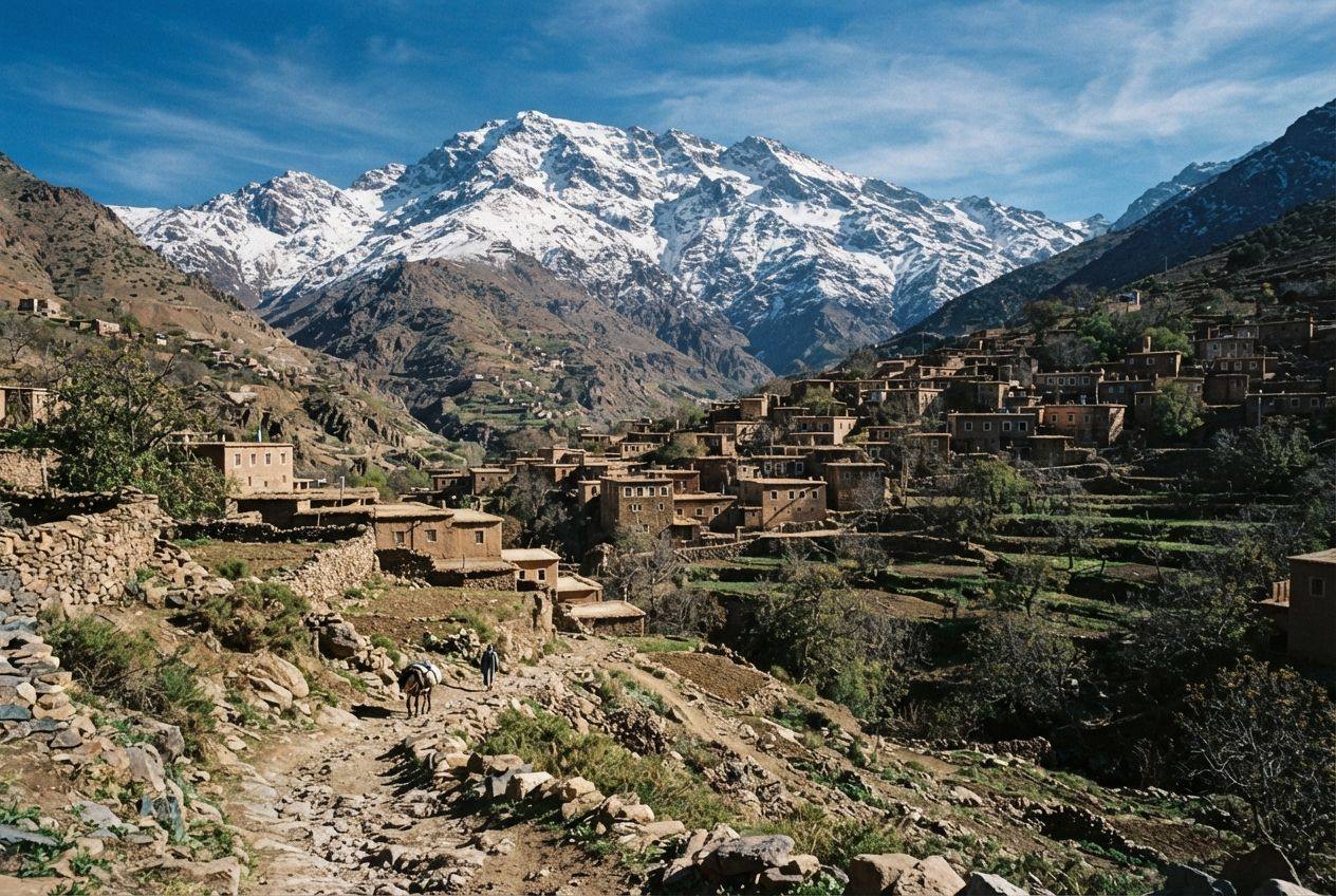 Stone and earth houses of a High Atlas village on a slope near Imlil, with snow-capped peaks behind