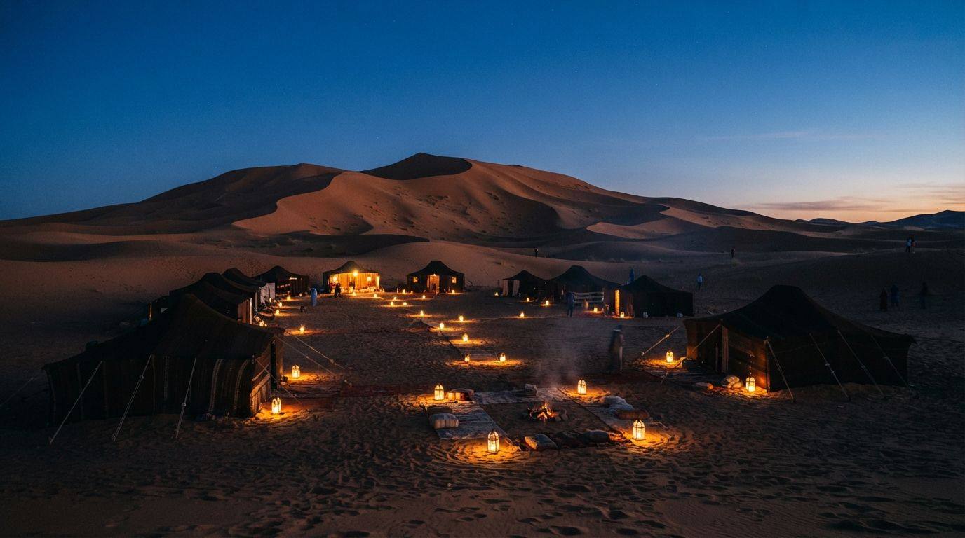 A desert camp of dark tents lit by lanterns at dusk, below a large sand dune