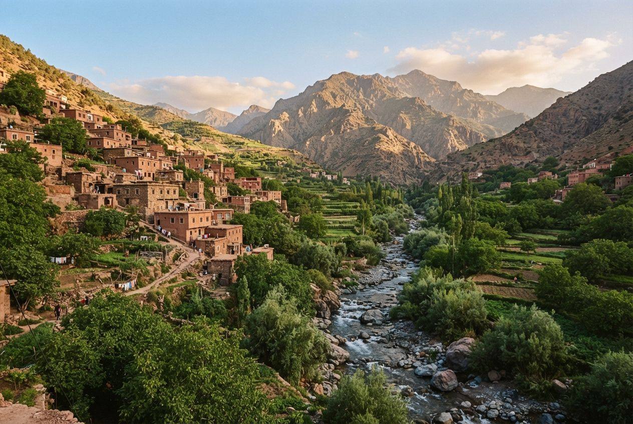 The Ourika river running past terraced fields and earth-built villages in the High Atlas foothills