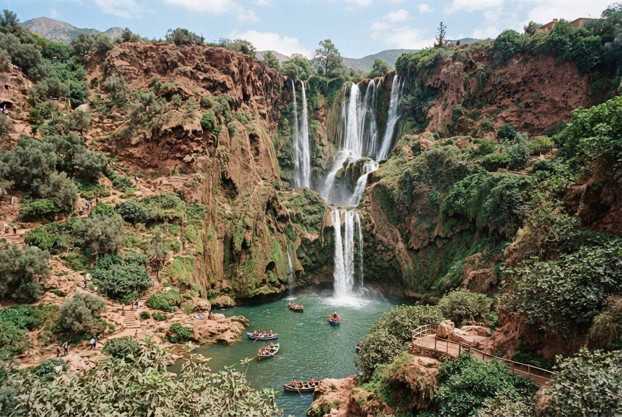 Ouzoud waterfalls dropping in several tiers into a green gorge, with a small boat on the pool below