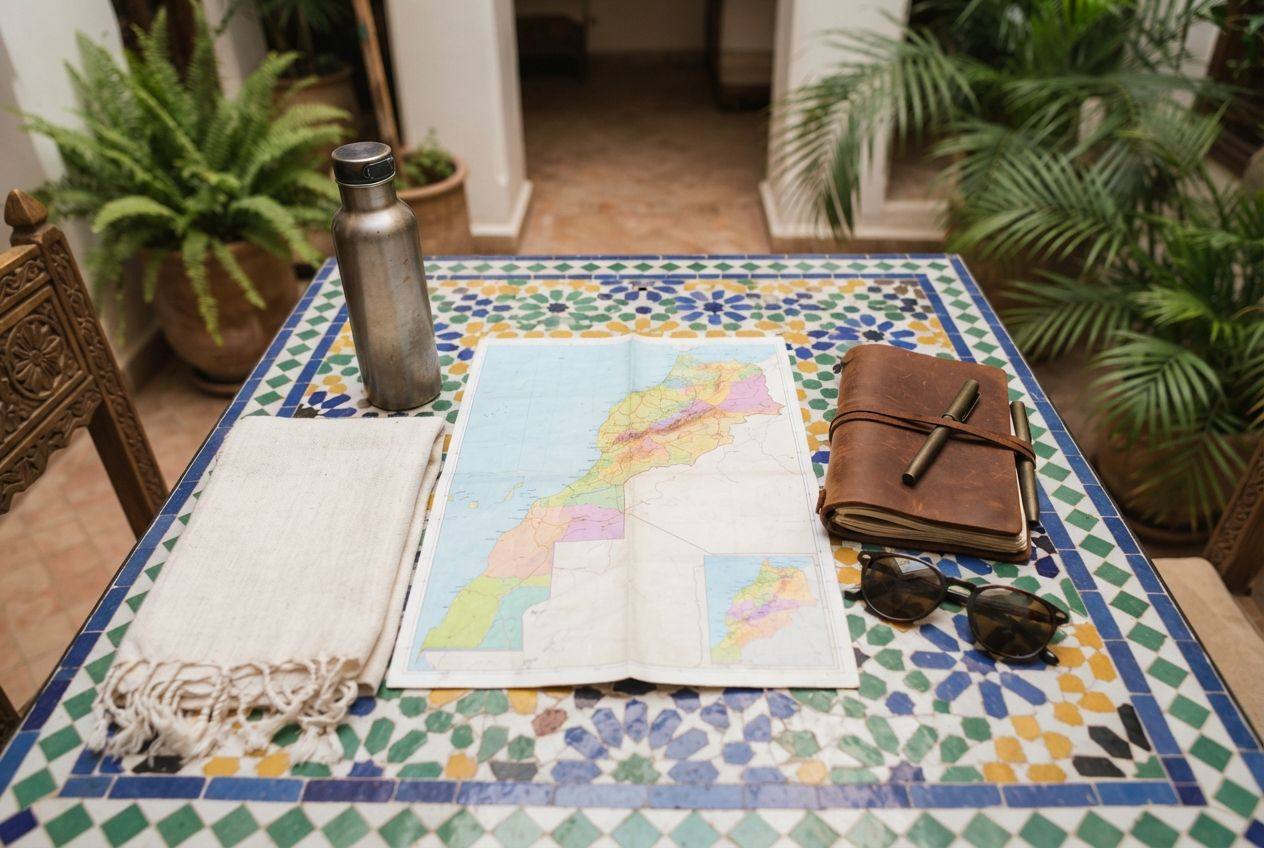 A map of Morocco, a leather notebook with a pen, sunglasses, a water bottle and a folded scarf on a mosaic table in a riad courtyard