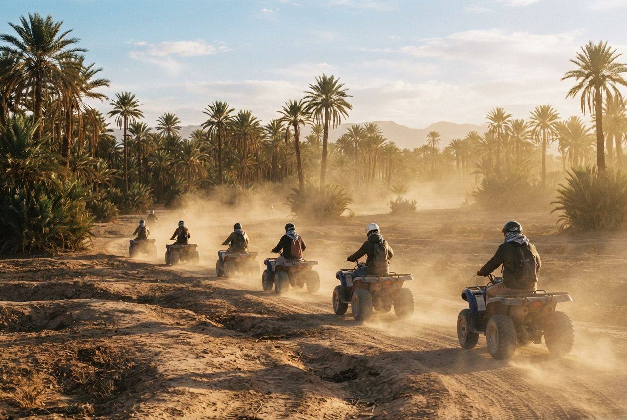 A line of quad bikes raising dust on an earth track through a palm grove, with mountains in the haze behind