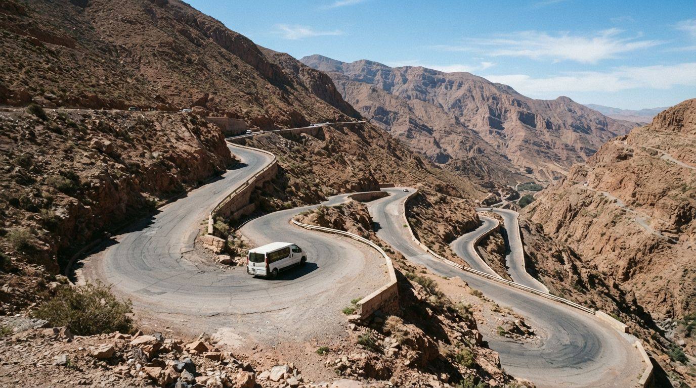 A white minibus on a road of tight hairpin bends through a rocky gorge in southern Morocco
